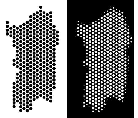 Honeycomb Italian Sardinia Island map. Vector territory plan in black and white versions. Abstract Italian Sardinia Island map concept is done with hexagonal dots.のイラスト素材