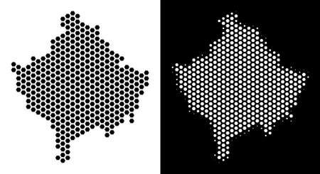 Hex Tile Kosovo map. Vector geographic scheme in black and white versions. Abstract Kosovo map concept is constructed from hex tile spots.のイラスト素材