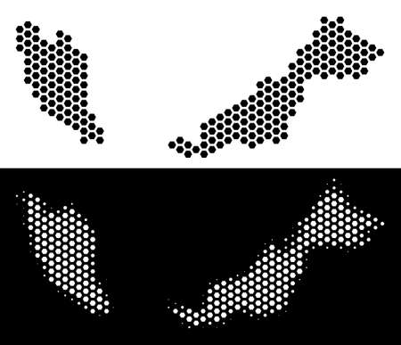 Honeycomb Malaysia map. Vector territory scheme in black and white versions. Abstract Malaysia map composition is created from honeycomb items.のイラスト素材