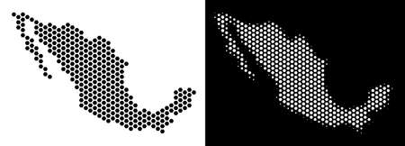 Hexagon Mexico map. Vector territorial plan in black and white variants. Abstract Mexico map composition is composed from hex-tile spots.のイラスト素材