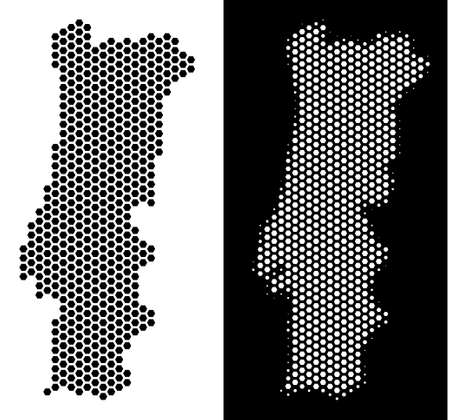 Hexagonal Portugal map. Vector territorial plan in black and white variants. Abstract Portugal map composition is consisting of honeycomb dots.のイラスト素材