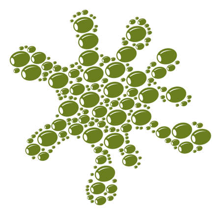 Spot composition constructed of olive items in variable sizes. Abstract vector drip concept. Olive icons are organized into spot area.のイラスト素材
