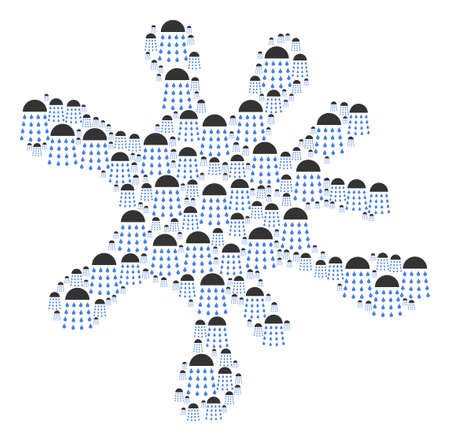 Spot mosaic formed of spray stream pictograms in variable sizes. Abstract vector drip representaion. Spray stream icons are organized into blob area.のイラスト素材