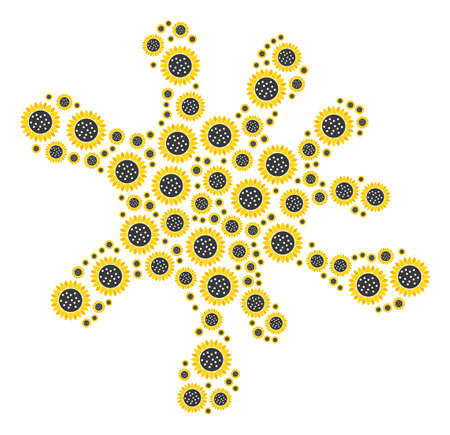 Spot shape made with sunflower pictograms in different sizes. Abstract vector splatter concept. Sunflower icons are formed into splat shape.のイラスト素材