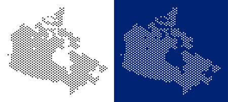 Pixel Canada map. Vector geographic map on white and blue backgrounds. Vector collage of Canada map constructed from circle spots.のイラスト素材