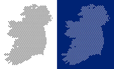 Pixel Ireland Island map. Vector geographic map on white and blue backgrounds. Vector mosaic of Ireland Island map combined of round spots.のイラスト素材