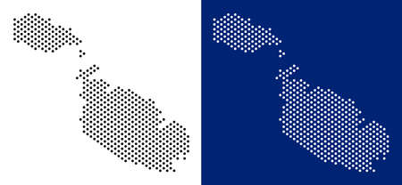 Dot Malta Island map. Vector geographic map on white and blue backgrounds. Vector collage of Malta Island map done from sphere items.のイラスト素材