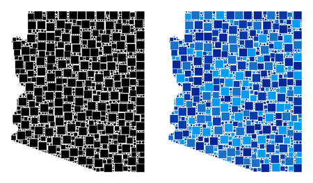 Dotted Arizona State map variants. Abstract geographic map variant designed with blue color tints. Vector composition of Arizona State map created of random square and spheric dots.のイラスト素材