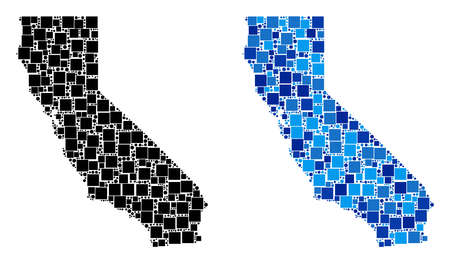 Dot California map variants. Abstract geographic map variant designed with blue color shades. Vector pattern of California map composed from randomized square and spheric points.のイラスト素材
