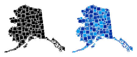 Dotted Alaska map versions. Abstract geographic map version done with cold blue color tones. Vector composition of Alaska map made of randomized square and circle items.のイラスト素材