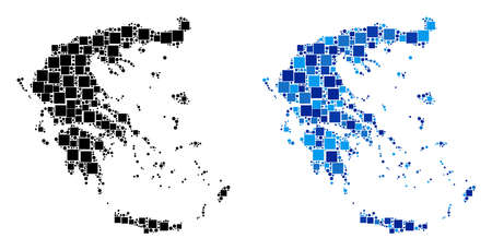 Dotted Greece map versions. Abstract geographic scheme variant designed with cold blue color shades. Vector collage of Greece map organized with scattered square and round items.のイラスト素材