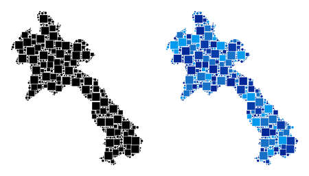 Dot Laos map variants. Abstract geographic scheme variant designed with cold blue color tinges. Vector collage of Laos map formed of randomized rectangle and round dots.のイラスト素材