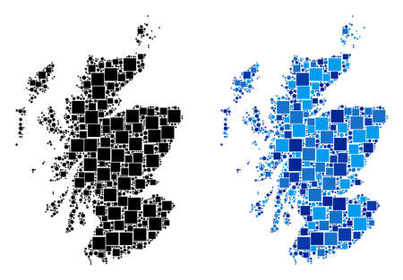 Dot Scotland map versions. Abstract geographic map variant done with blue color variations. Vector pattern of Scotland map designed from scattered rectangle and circle parts.のイラスト素材