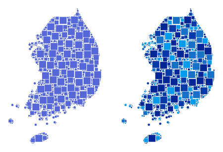 Dot South Korea map variants. Abstract geographic map variant designed with cold blue color hues. Vector pattern of South Korea map done from random square and spheric elements.のイラスト素材
