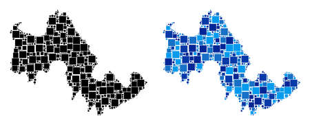 Dotted Tilos Greek Island map variants. Abstract geographic map variant done with blue color hues. Vector collage of Tilos Greek Island map done from scattered square and round dots.のイラスト素材