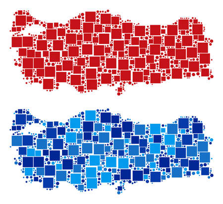 Dot Turkey map variants. Abstract geographic map variant designed with cold blue color tints. Vector concept of Turkey map combined with random square and spheric items.のイラスト素材