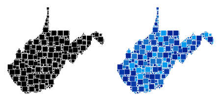 Dot West Virginia State map versions. Abstract geographic scheme version designed with blue color tones. Vector pattern of West Virginia State map composed from scattered square and round elements.のイラスト素材