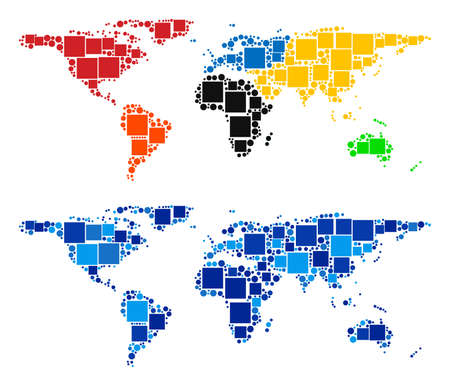 Dotted world map versions. Abstract geographic scheme version done with cold blue color shades. Vector collage of world map done with scattered rectangle and round items.のイラスト素材
