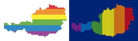 Dot LGBT Austria map versions. Vector geographic maps in LGBT flag colors with vertical and horizontal directions on white and blue backgrounds.のイラスト素材