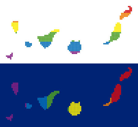 Dotted LGBT Canarian Spain Islands map variants. Vector geographic maps in spectrum colors with vertical and horizontal directions on white and blue backgrounds.のイラスト素材