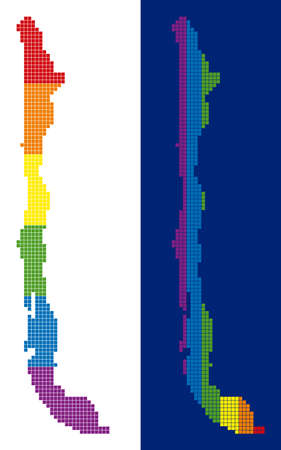 Dot LGBT Chile map variants. Vector geographic schemes in rainbow colors with vertical and horizontal directions on white and blue backgrounds.のイラスト素材