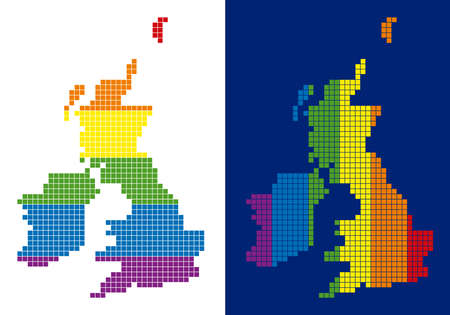Dot LGBT Great Britain and Ireland map versions. Vector geographic plans in spectral colors with vertical and horizontal directions on white and blue backgrounds.のイラスト素材