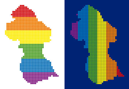 Dotted LGBT Guyana map variants. Vector geographic schemes in rainbow colors with vertical and horizontal directions on white and blue backgrounds.のイラスト素材