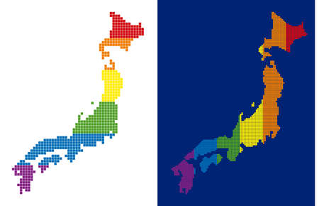 Dotted LGBT Japan map variants. Vector geographic maps in LGBT flag colors with vertical and horizontal directions on white and blue backgrounds.のイラスト素材