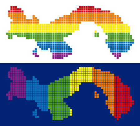 Dotted LGBT Panama map variants. Vector geographic plans in LGBT rainbow colors with vertical and horizontal directions on white and blue backgrounds.のイラスト素材