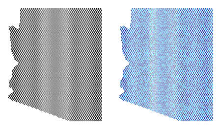 Dotted Arizona State map variants. Vector geographic schemes in black color and cold blue color tones. Abstract concept of Arizona State map designed with sphere item matrix.のイラスト素材