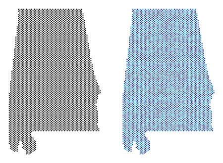 Round point Alabama State map version. Vector territorial plans in black color and cold blue color tints. Abstract composition of Alabama State map created from sphere element pattern.のイラスト素材