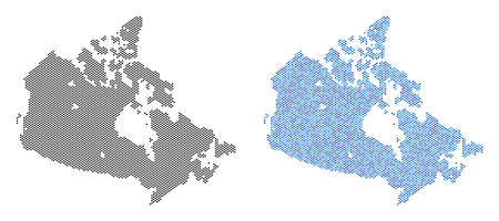 Circle dot Canada map variants. Vector territorial plans in black color and cold blue color tones. Abstract collage of Canada map composed with sphere point pattern.のイラスト素材