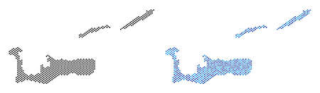 Round point Cayman Islands map variants. Vector geographic schemes in black color and blue color variations. Abstract concept of Cayman Islands map composed from spheric dot array.のイラスト素材