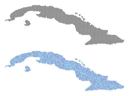 Circle dot Cuba map version. Vector geographic plans in black color and blue color tints. Abstract concept of Cuba map done from spheric element pattern.のイラスト素材