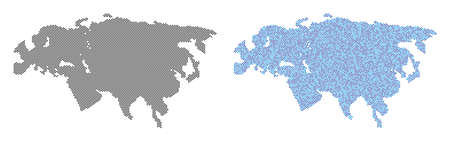 Pixel Europe and Asia map version. Vector territorial plans in black color and blue color tints. Abstract composition of Europe and Asia map created from spheric point array.のイラスト素材