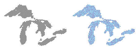 Pixelated Great Lakes map variants. Vector territory plans in black color and blue color tints. Abstract collage of Great Lakes map done from small circle dot pattern.のイラスト素材