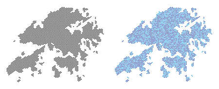 Dot Hong Kong map variants. Vector territory plans in black color and blue color tinges. Abstract mosaic of Hong Kong map designed from spheric pixel array.のイラスト素材