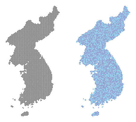 Circle dot North and South Korea map variants. Vector territorial plans in black color and blue color tints. Abstract mosaic of North and South Korea map designed from circle pixel matrix.のイラスト素材