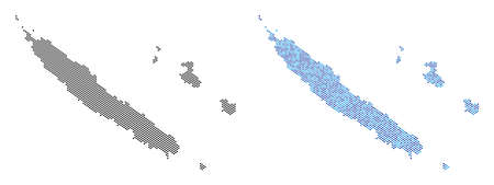 Dotted New Caledonia Islands map version. Vector geographic plans in black color and cold blue color tinges. Abstract composition of New Caledonia Islands map done from round point matrix.のイラスト素材