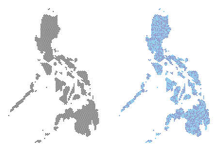 Pixel Philippines map variants. Vector territorial plans in black color and blue color shades. Abstract concept of Philippines map done from round element pattern.のイラスト素材