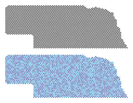Pixelated Nebraska State map version. Vector geographic plans in black color and blue color tinges. Abstract concept of Nebraska State map constructed with small circle point matrix.のイラスト素材