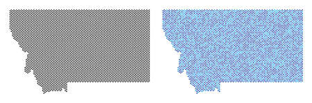 Pixel Montana State map version. Vector territory schemes in black color and cold blue color tones. Abstract concept of Montana State map designed with small circle dot array.のイラスト素材