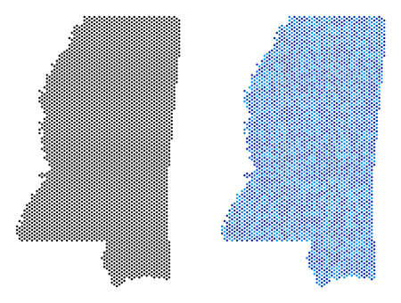 Dot Mississippi State map variants. Vector territorial plans in black color and cold blue color hues. Abstract composition of Mississippi State map done with sphere dot pattern.のイラスト素材