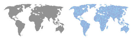 Pixelated world map variants. Vector territorial plans in black color and cold blue color variations. Abstract collage of world map composed from round pixel pattern.のイラスト素材