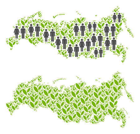 People population and green plants Russia map. Vector concept of Russia map formed of random lady and gentleman and plant elements in variable sizes.のイラスト素材