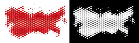 Dotted halftone USSR map. Vector geographic scheme on white and black backgrounds. Abstract collage of USSR map created with spheric dots.のイラスト素材