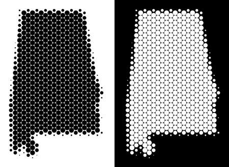 Dotted halftone Alabama State map. Vector geographic map on white and black backgrounds. Abstract collage of Alabama State map organized of round elements.のイラスト素材