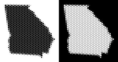 Dot halftone American State Georgia map. Vector geographic map on white and black backgrounds. Abstract collage of American State Georgia map organized from circle items.のイラスト素材