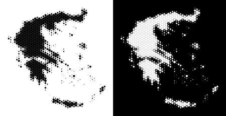 Pixel halftone Greece map. Vector geographic scheme on white and black backgrounds. Abstract collage of Greece map made from circle spots.のイラスト素材