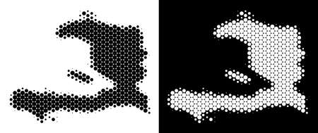 Dot halftone Haiti map. Vector geographic plan on white and black backgrounds. Abstract collage of Haiti map organized of sphere blots.のイラスト素材